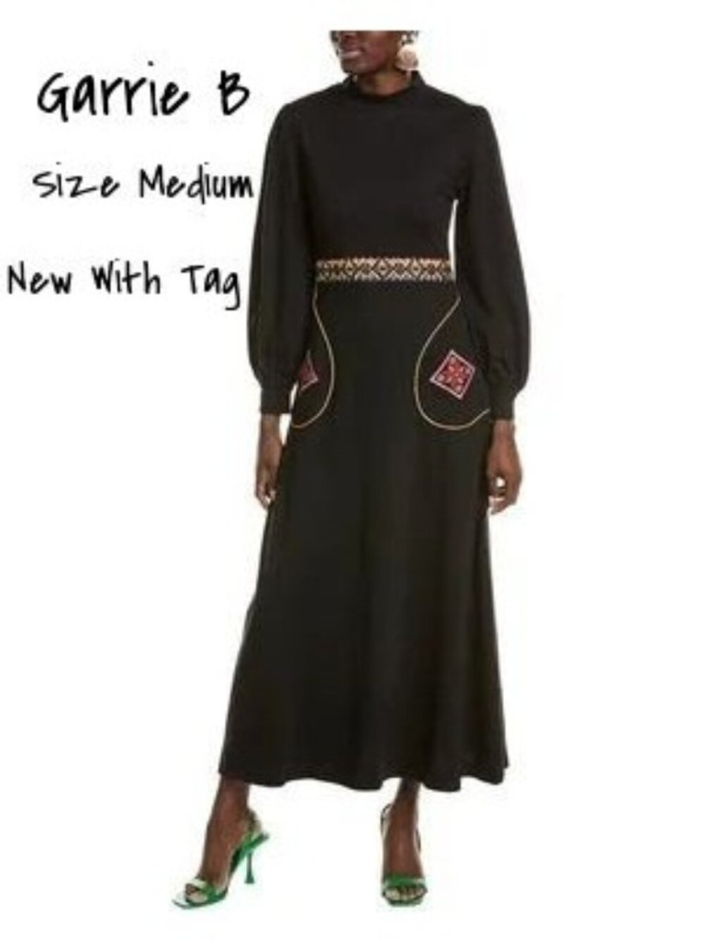 Garrie B Embroidered Maxi Dress Women's Black Turtleneck Medium New With Tag